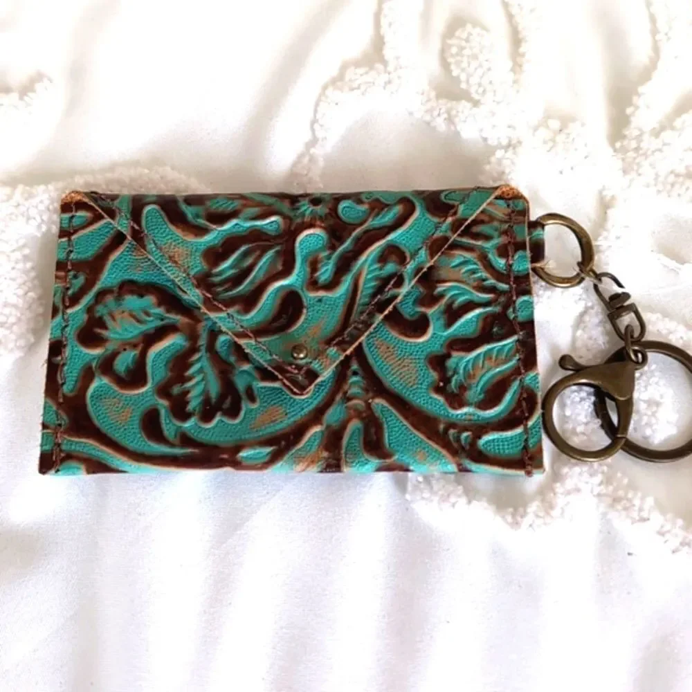 Turquoise and Brown Leather Tooled Artisan Keychain/C Card Money /Mini Wallet